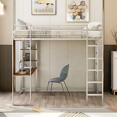 Merax Metal Loft Bed with 2 Shelves and one Desk