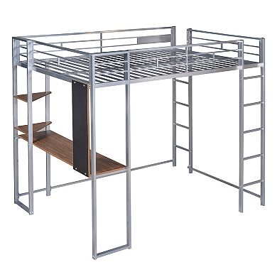 Merax Metal Loft Bed with 2 Shelves and one Desk