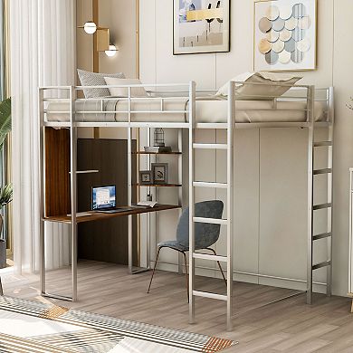 Merax Metal Loft Bed with 2 Shelves and one Desk