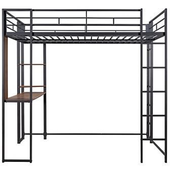 Merax Metal Loft Bed with 2 Shelves and one Desk