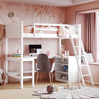Merax Twin size Loft Bed with Shelves and Desk, Wooden Loft Bed with Desk