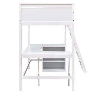 Merax Twin size Loft Bed with Shelves and Desk, Wooden Loft Bed with Desk