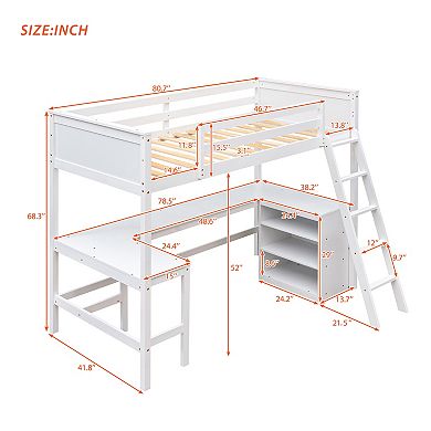 Merax Twin size Loft Bed with Shelves and Desk, Wooden Loft Bed with Desk