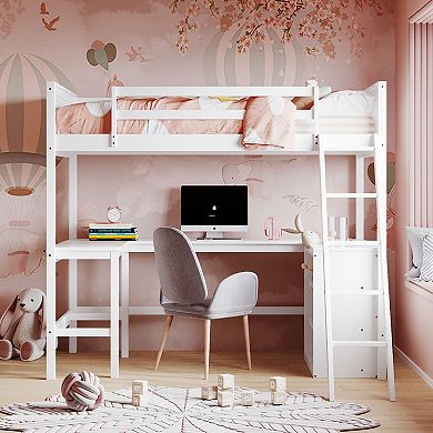 Merax Twin size Loft Bed with Shelves and Desk, Wooden Loft Bed with Desk