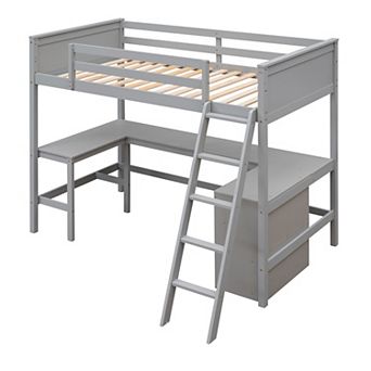 Merax Twin size Loft Bed with Shelves and Desk, Wooden Loft Bed with Desk