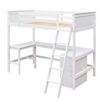 Merax Twin size Loft Bed with Shelves and Desk, Wooden Loft Bed with Desk