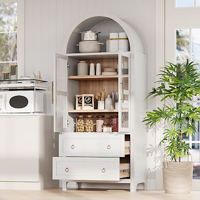 Merax 71" Tall Arched Kitchen Pantry Cabinet with 2 Large Drawers, Modern Farmhouse Kitchen Storage