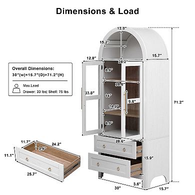 Merax 71" Tall Arched Kitchen Pantry Cabinet with 2 Large Drawers, Modern Farmhouse Kitchen Storage