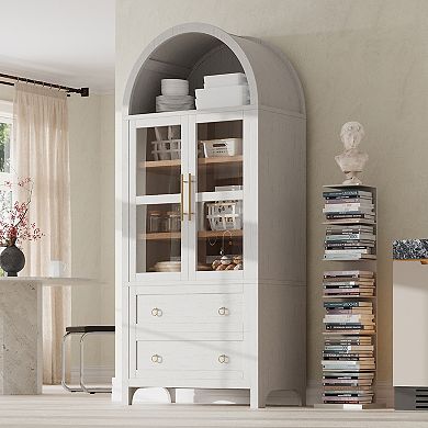 Merax 71" Tall Arched Kitchen Pantry Cabinet with 2 Large Drawers, Modern Farmhouse Kitchen Storage