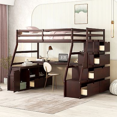 Merax Loft Bed with 7 Drawers 2 Shelves and Desk