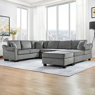 Sectional Sofa 111.8" U-shaped Sofa Chenille Upholstered Sofa Couch with Movable Storage Ottoman