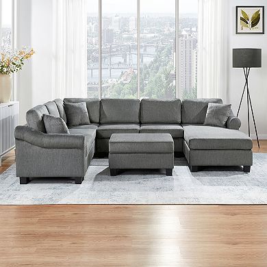 Sectional Sofa 111.8" U-shaped Sofa Chenille Upholstered Sofa Couch with Movable Storage Ottoman