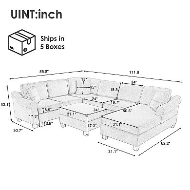 Sectional Sofa 111.8" U-shaped Sofa Chenille Upholstered Sofa Couch with Movable Storage Ottoman