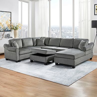 Sectional Sofa 111.8" U-shaped Sofa Chenille Upholstered Sofa Couch with Movable Storage Ottoman