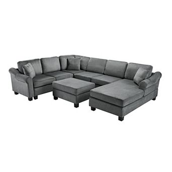 Sectional Sofa 111.8" U-shaped Sofa Chenille Upholstered Sofa Couch with Movable Storage Ottoman