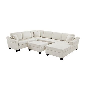 Sectional Sofa 111.8" U-shaped Sofa Chenille Upholstered Sofa Couch with Movable Storage Ottoman