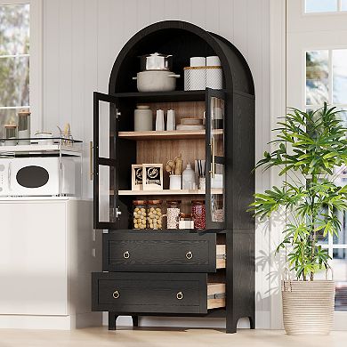 Merax 71" Tall Arched Kitchen Pantry Cabinet with 2 Large Drawers, Modern Farmhouse Kitchen Storage