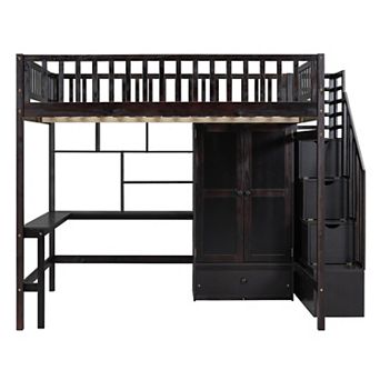Merax Full size Loft Bed with Bookshelf,Drawers,Desk,and Wardrobe