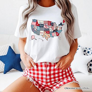 Patriotic Patchwork T-Shirt, Quilted Map Tee for Americana Fans