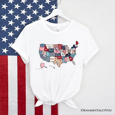 Patriotic Patchwork T-Shirt, Quilted Map Tee for Americana Fans