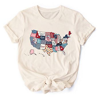 Patriotic Patchwork T-Shirt, Quilted Map Tee for Americana Fans