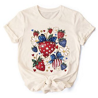 Patriotic Boho Strawberries Bouquet T-Shirt, 4th of July Festive Patch Tee