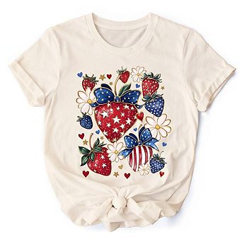 Patriotic Boho Strawberries Bouquet T-Shirt, 4th of July Festive Patch Tee