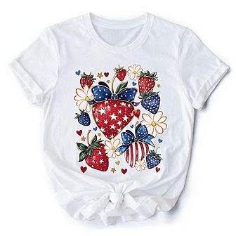 Patriotic Boho Strawberries Bouquet T-Shirt, 4th of July Festive Patch Tee