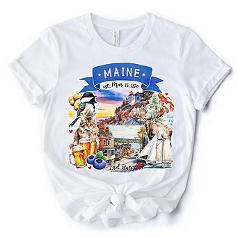 Artistic Maine State Themes and Landmarks T-Shirt, Tee for History and Travel Lovers