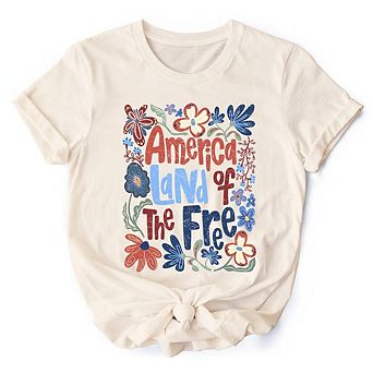 America Land of the Free T-Shirt, Retro Floral Independence Day Tee