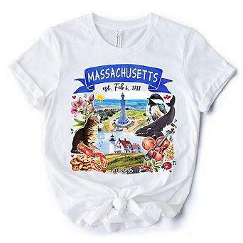Artistic Massachusetts State Themes and Landmarks T-Shirt, Tee for History and Travel Lovers
