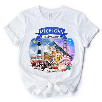 Artistic Michigan State Themes and Landmarks T-Shirt, Tee for History and Travel Lovers