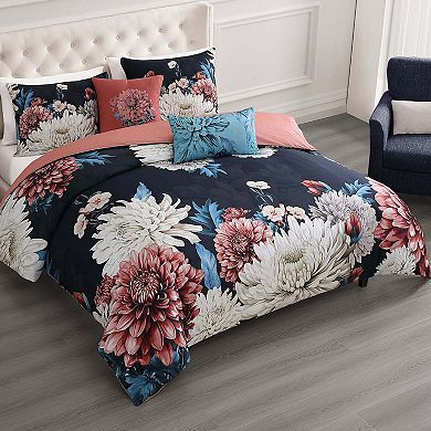 Bebejan Navy Mums 100 % Cotton Sateen 5 Piece Reversible Comforter Set