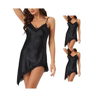 3 pc Women's V Neck Lingerie Nightgown Lace High Low Irregular Hem Short Slip Dress