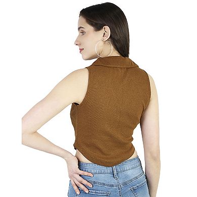 Artyska Women's Summer V Neck Sleeveless Collared Ribbed Casual Crop Top