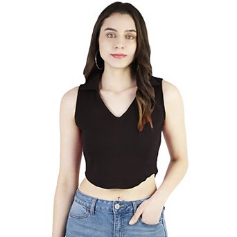 Artyska Women's Summer V Neck Sleeveless Collared Ribbed Casual Crop Top