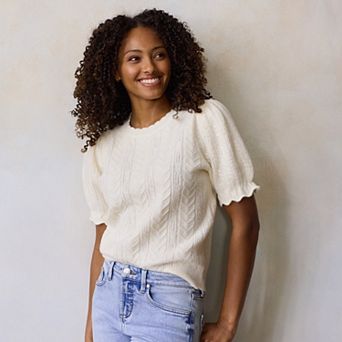 Petite LC Lauren Conrad Short Sleeve Pointelle Sweater