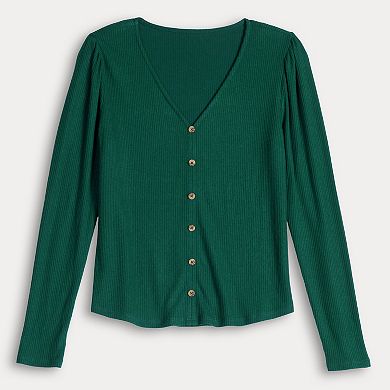 Petite LC Lauren Conrad Puff Sleeve V-Neck Knit Cardigan
