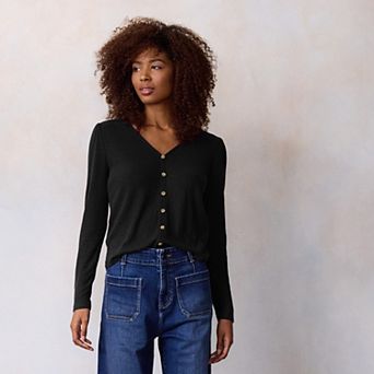 Petite LC Lauren Conrad Puff Sleeve V-Neck Knit Cardigan