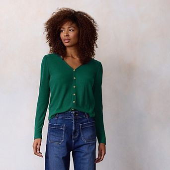 Petite LC Lauren Conrad Puff Sleeve V-Neck Knit Cardigan