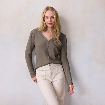 Women's LC Lauren Conrad Puff Sleeve V-Neck Knit Cardigan