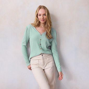 Women's LC Lauren Conrad Puff Sleeve V-Neck Knit Cardigan