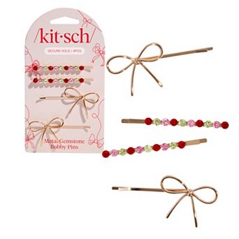 Kitsch Metal Gemstone & Bow Bobby Pins 4 pc Set