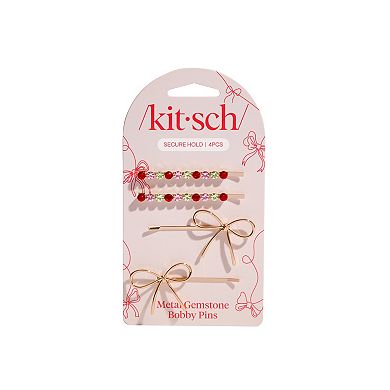 Kitsch Metal Gemstone & Bow Bobby Pins 4-pc. Set