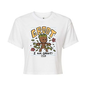 Juniors' Marvel Guardians of the Galaxy I Am Groot Scribble Cropped Tee