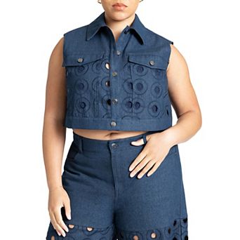 ELOQUII Women's Plus Size Circular Cutout Denim Vest