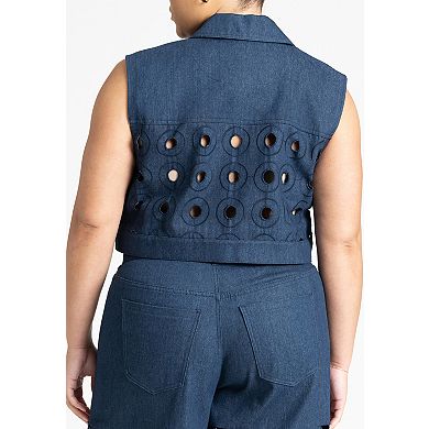 ELOQUII Women's Plus Size Circular Cutout Denim Vest