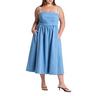ELOQUII Women's Plus Size Denim Corset Bodice Midi Dress