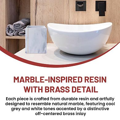 Oro Streak Marble Resin Waste Basket Brass Detail Modern Trash Can 7.28” Dia x 9.25” H