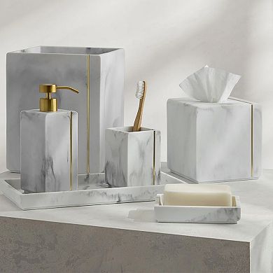 Oro Streak Marble Resin Waste Basket Brass Detail Modern Trash Can 7.28” Dia x 9.25” H